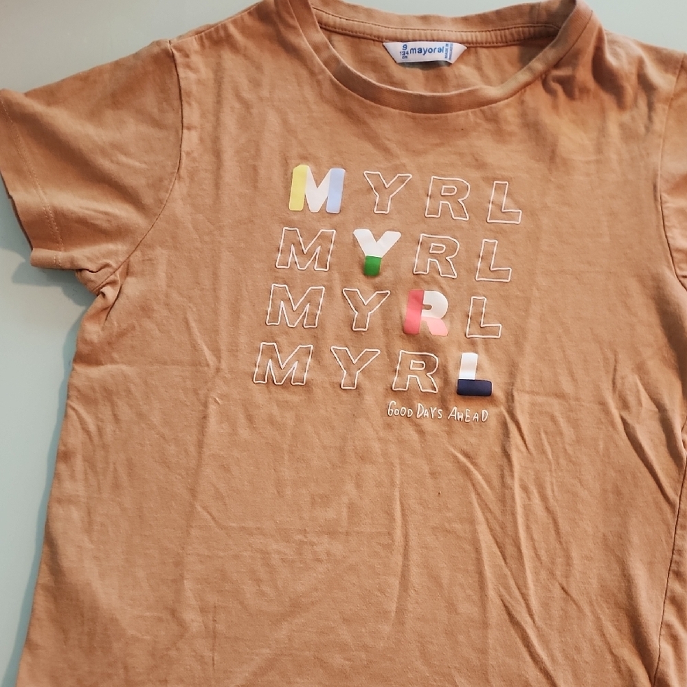 Kids Tan T-Shirt with Colorful Lettering